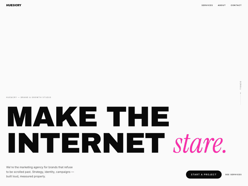 Hue & Cry — brand identity homepage